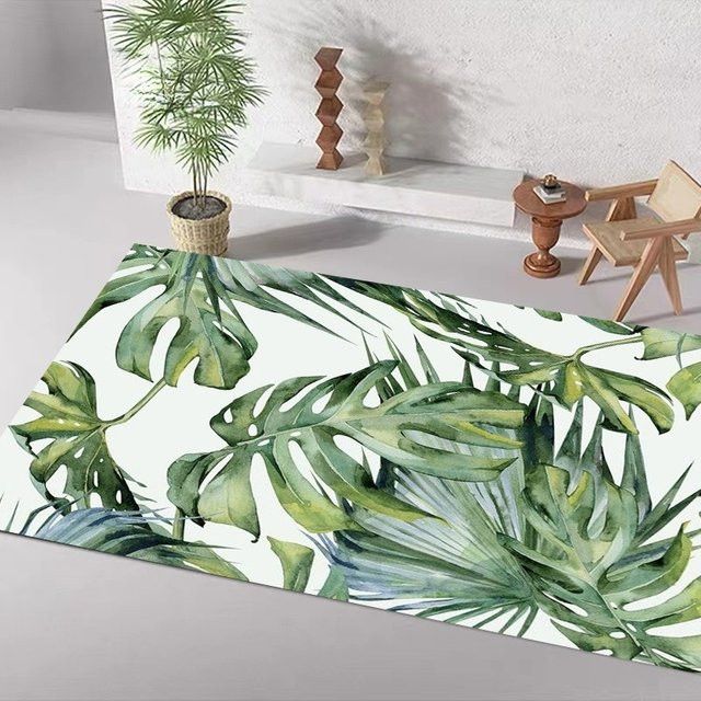 VIKAMA Flanell-Teppich im nordischen Stil mit grünem Blattmotiv, weiche Plüsch-Bodenmatte und rutschfester Sofamatte - Bild 1