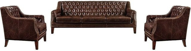 Vente-unique Couchgarnitur Colbert aus Kunstleder in Schokoladenbraun bestehend aus 3-Sitzer-Sofa, 2-Sitzer-Sofa und Sessel im Chesterfield-Design mit Armlehnen, Breite: 194,5 cm, Tiefe: 84 cm, Höhe: 56 cm - Bild 1