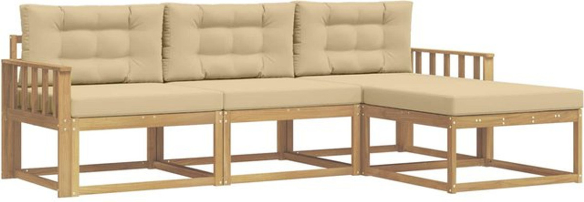 vidaXL Outdoor-Sofagarnitur aus Akazie mit Kissen in Weiß und Beige, 4-teiliges Loungemöbel-Set aus Polyester - Bild 1