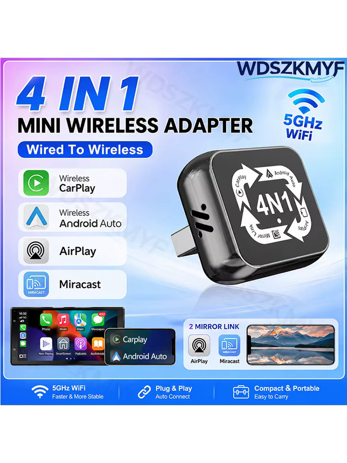 WDSZKMYF 4-in-1 Smart Box Kabelloser CarPlay und Android Auto Adapter mit kabelgebundenem CarPlay in Schwarz - Bild 7
