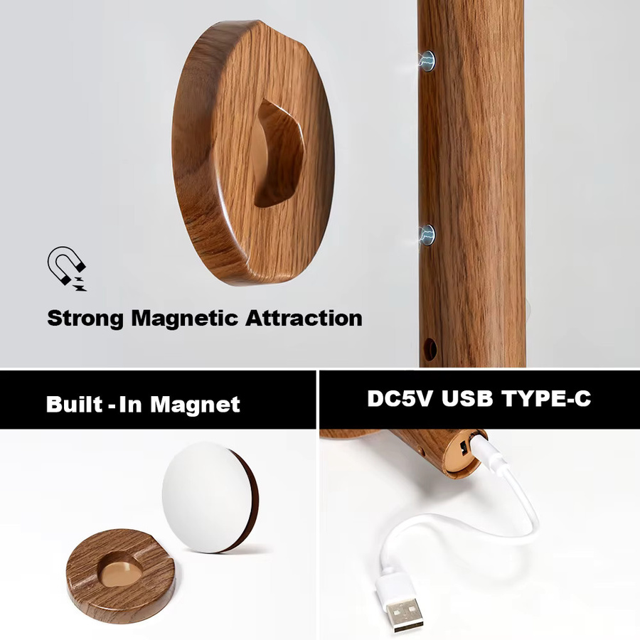 YNL Magnetische LED-Wandleuchte aus Holz mit Bewegungsmelder und 360 Grad Rotation, wiederaufladbares Nachtlicht in Weiß mit warmweißem Licht - Bild 4