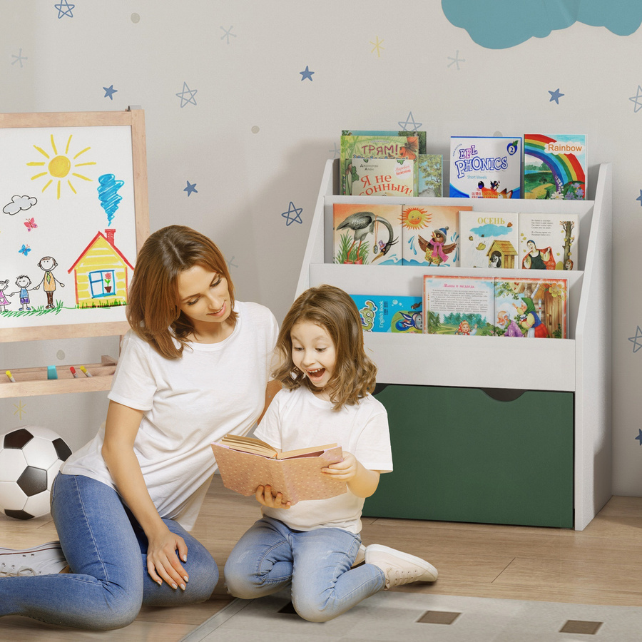 AIYAPLAY Kinderbuchregal in Grün mit 3 Regalebenen und Schublade, Aufbewahrung für Bücher und Spielzeug, B: 30 cm, T: 30 cm, H: 70 cm - Bild 2