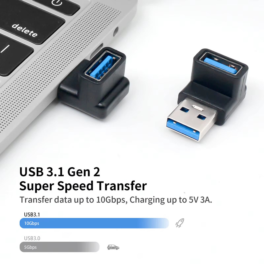 NNBILI USB A auf USB A Konverter Adapter in Schwarz, L-förmiger Ellenbogen für 10 Gbit/s Schnellladen und Datenübertragung - Bild 3