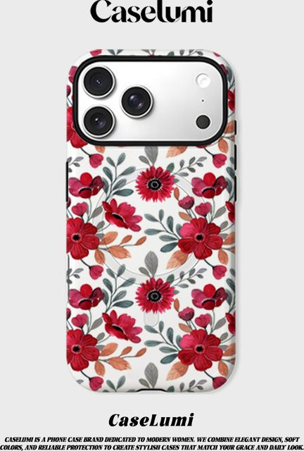 CaseLumi Matte Bumper MagSafe Hülle für iPhone 17 16 15 14 13 Pro Max mit rotem Blumenmuster - Bild 1