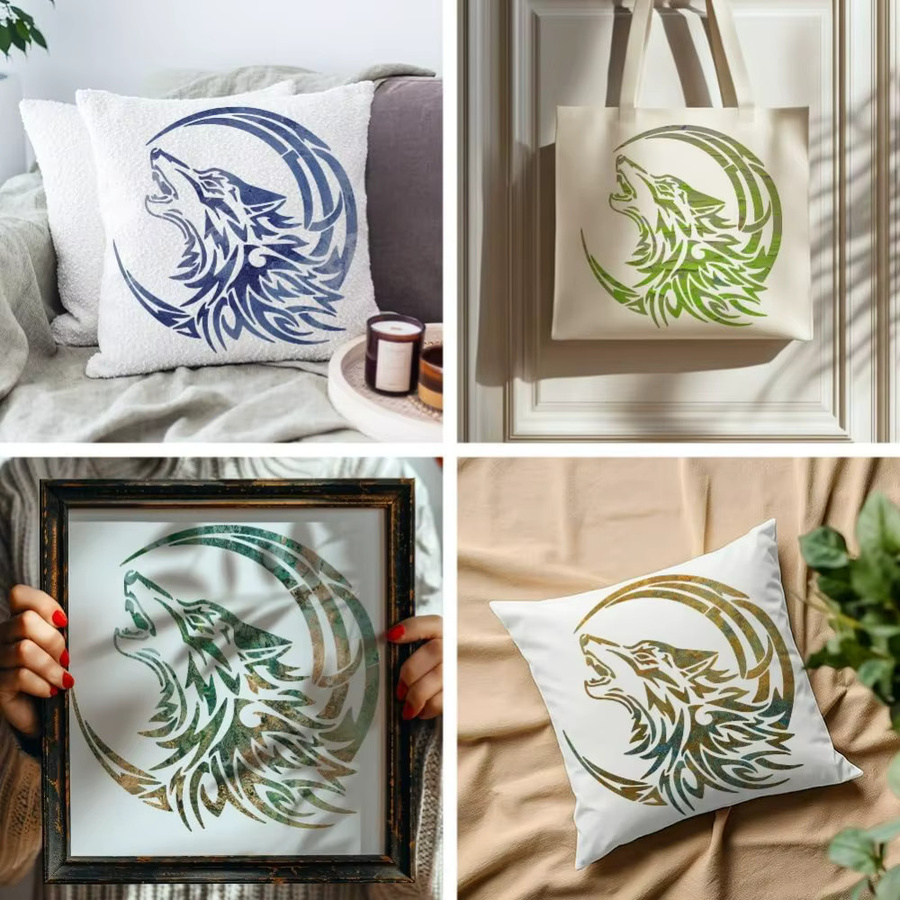 Wolf-Mond-Schablone mit Pinsel für DIY-Bastelprojekte und Wanddekoration, B/B: 30,0 x 30,0 cm, Mehrfarbig - Bild 4