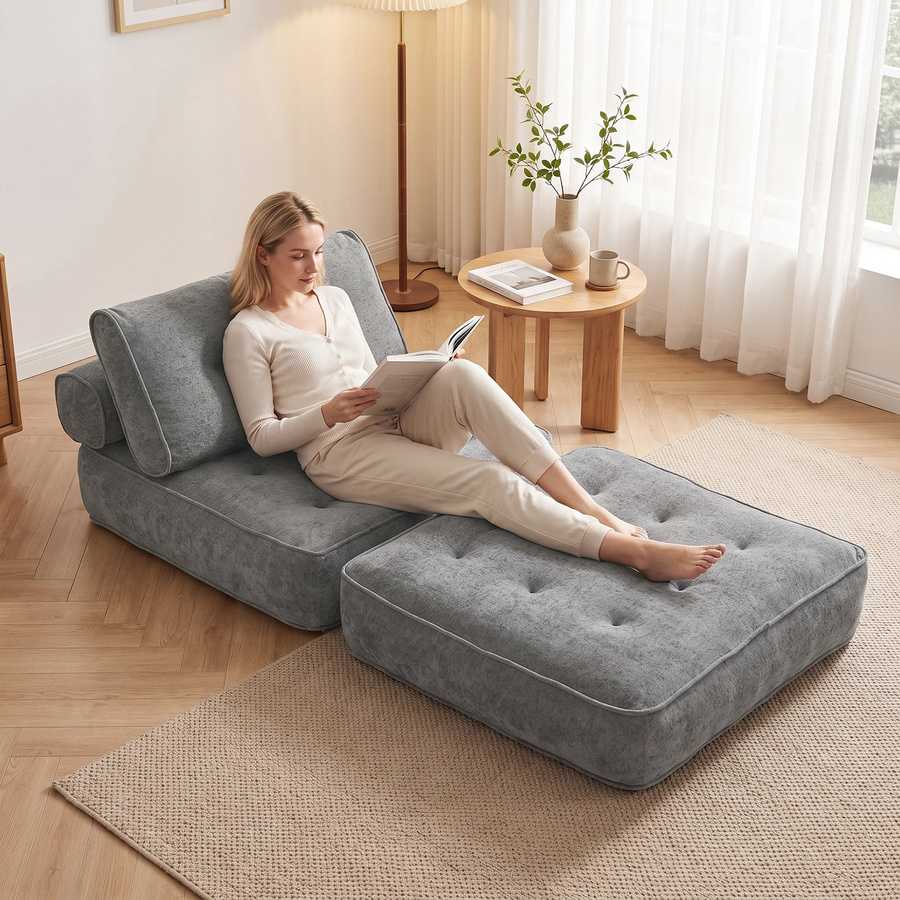 HOMCOM 3-in-1 Klappsessel als Schlafsessel mit 2 Kissen, Chenille-Schlafsofa für Gäste, Hellgrau, B/T/H: 220 x 95 x 18 cm - Bild 2
