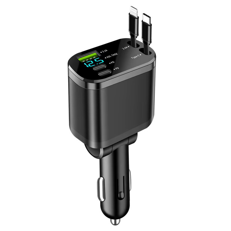 5-in-1 Einziehbares Autoladegerät mit USB Typ C PD und Schnellladefunktion für iPhone und Samsung, Zigarettenanzünder-Adapter in Schwarz - Bild 2