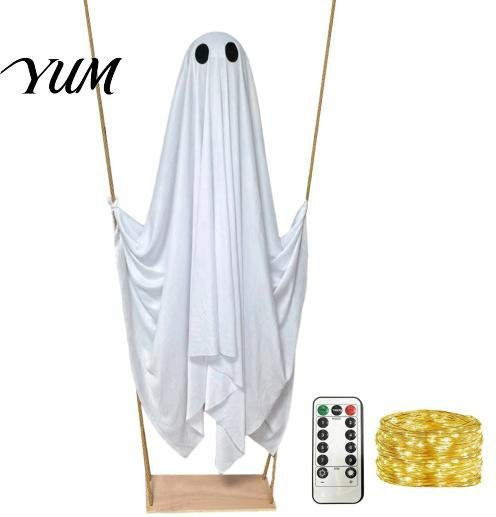 Yumaling Halloween Gartendekoration Leuchtender Hängender Geist auf Schaukel in Weiß - Bild 1
