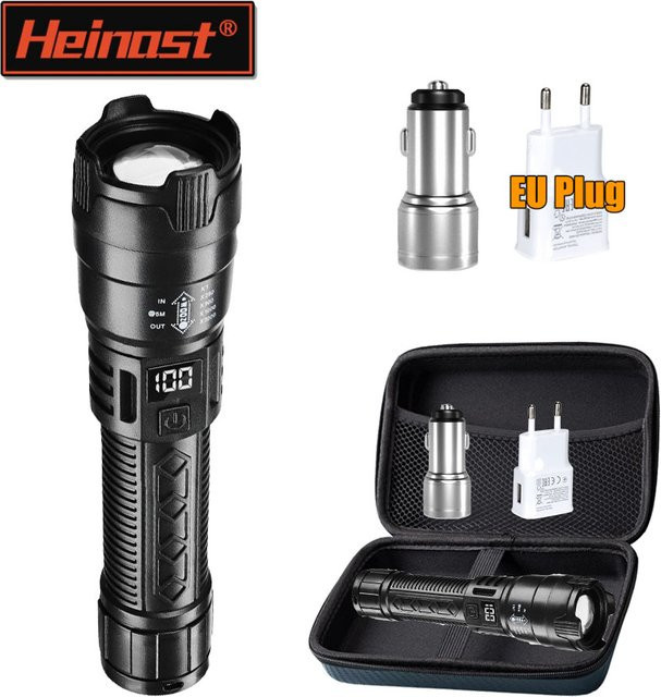 Heinast Tragbare Teleskop-Zoom-Handtaschenlampe in Schwarz mit 3 Beleuchtungsmodi, wiederaufladbar und wasserdicht mit Leistungsanzeige - Bild 1