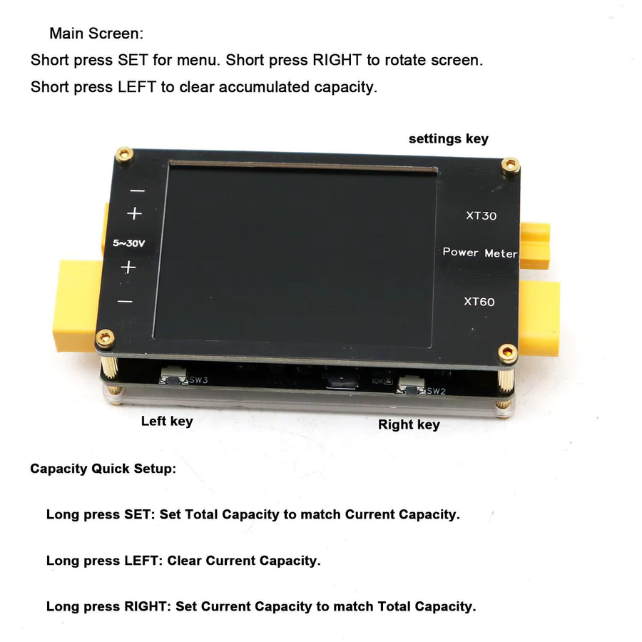 DykbRadio Leistungsmesser XT60 64A mit 2,4-Zoll-Display, bidirektionaler Stromalarm-Monitor für Li-Ion und LiFePO4 BMS, Schwarz - Bild 2