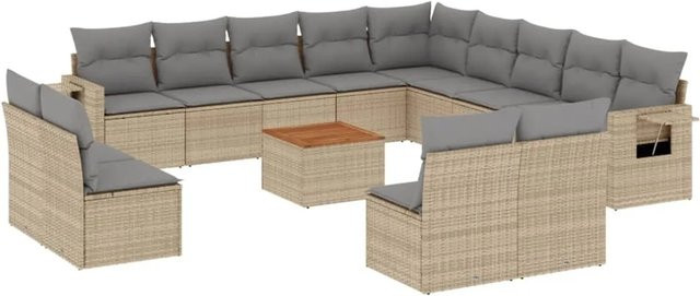 vidaXL 14-teilige Garten-Sofagarnitur aus Poly-Rattan und Akazienholz in Beige-grau mit Kissen - Bild 1