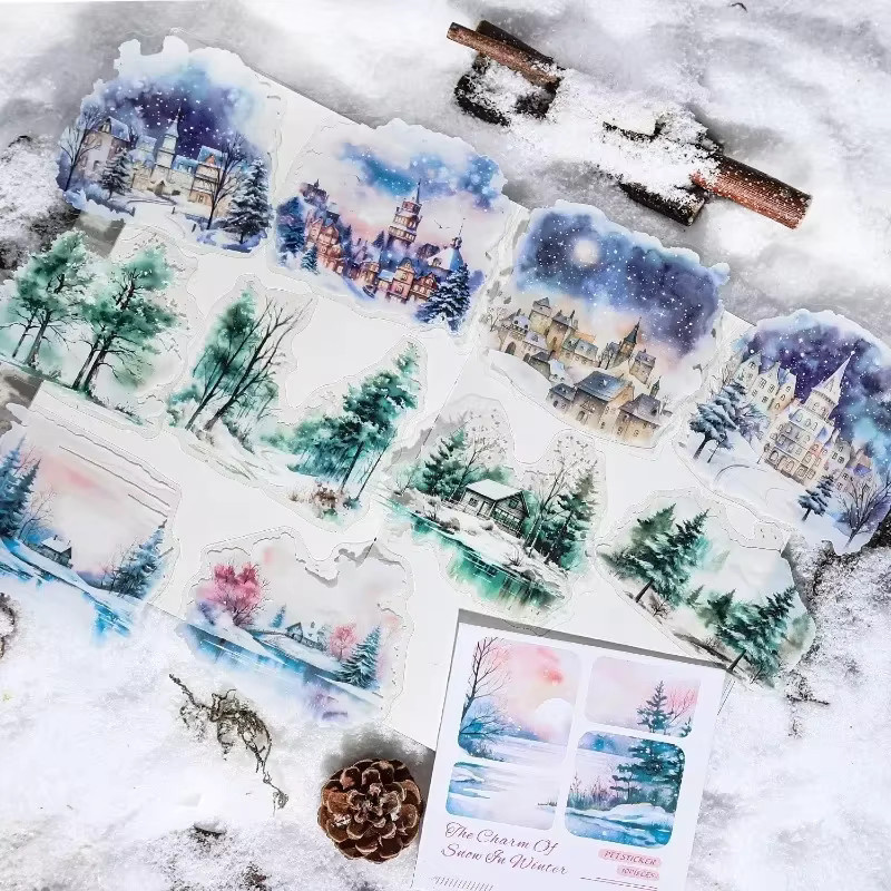 10 Stück leaffei PET Aufkleber mit Winter Schnee und Landschaftsmotiven für dein Sammelalbum und Handbuch, B: 12,5 cm, H: 10,5 cm, Mehrfarbig - Bild 2
