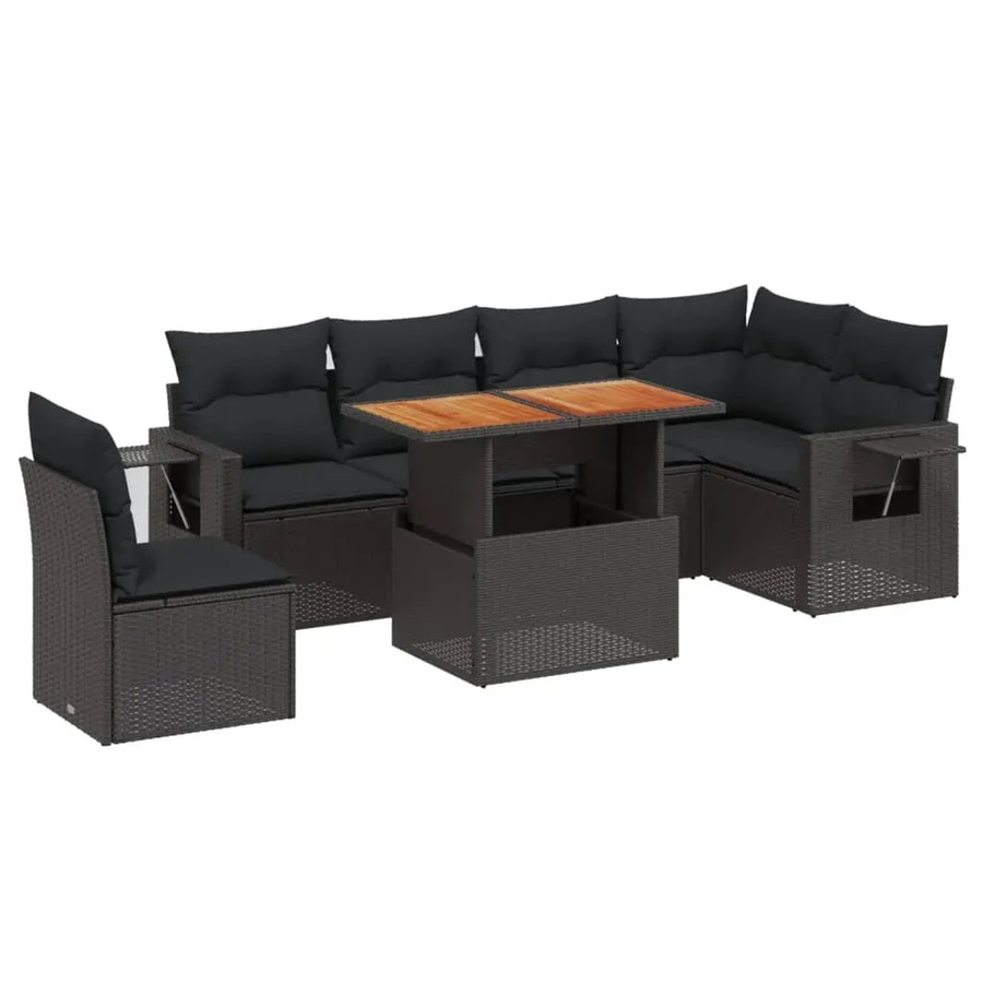 vidaXL 7-tlg. Garten-Sofagarnitur in L-Form aus schwarzem Poly-Rattan mit Kissen und pulverbeschichtetem Stahlrahmen - Bild 2