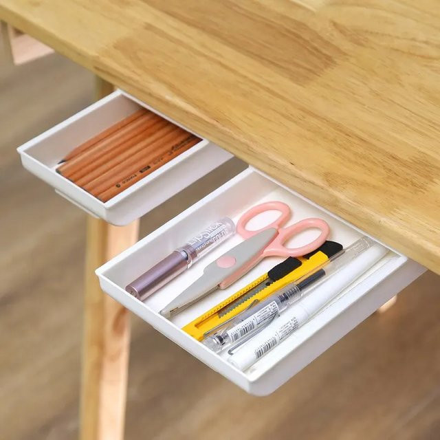 Selbstklebende Unterbau-Schublade aus Kunststoff in Weiß zur Aufbewahrung von Make-up und Schreibutensilien - Bild 1