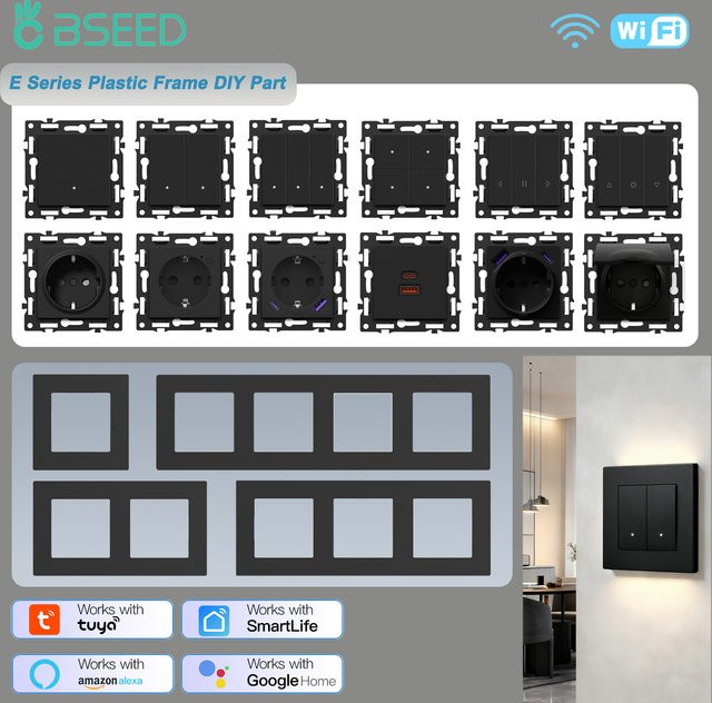 BSEED Smart WIFI Schalter und Steckdose Kombination, 1-4 Gang, Kunststoff Rahmen, Schwarz, EU Standard - Bild 1