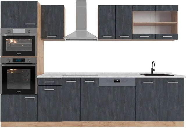 Vicco R-Line Küchenzeile Schwarz Beton Eiche mit Arbeitsplatte Weiß-Marmor Breite: 300 cm, Höhe: 206,8 cm, Tiefe: 57 cm - Bild 1