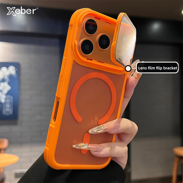 Xeber Magnetische MagSafe Handyhülle für iPhone 12 bis 17 Pro Max Plus mit mattierter Acryl-Halterung und Luftobjektiv-Folienabdeckung in Transparent und Grün - Bild 1