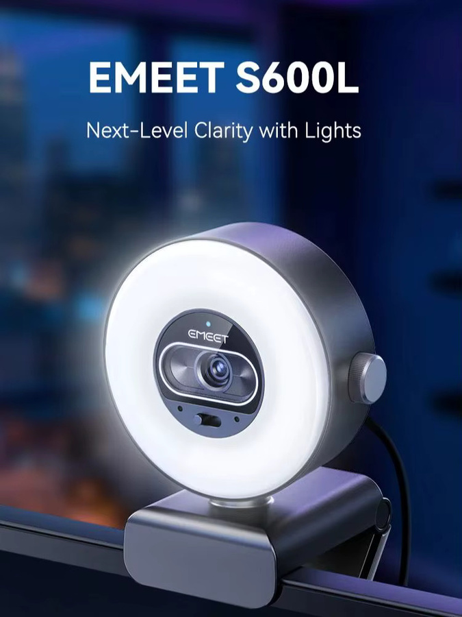 EMEET S600 Light 4K UHD Webcam mit integrierter Beleuchtung, 8MP USB-Videokamera mit Autofokus und 73 Grad Sichtfeld, Schwarz - Bild 4