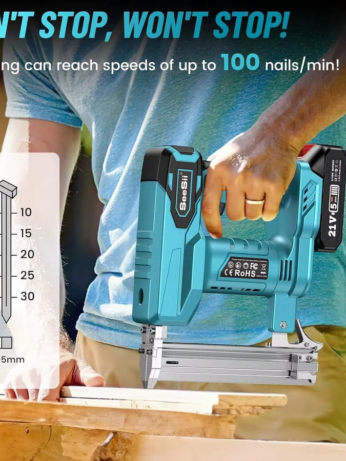 SEESII Akku-Nagler 18 Gauge Brad Nail Gun in Blau mit 2 Akkus und 1000 Nägeln für Möbel und Elektrowerkzeug-Anwendungen - Bild 7