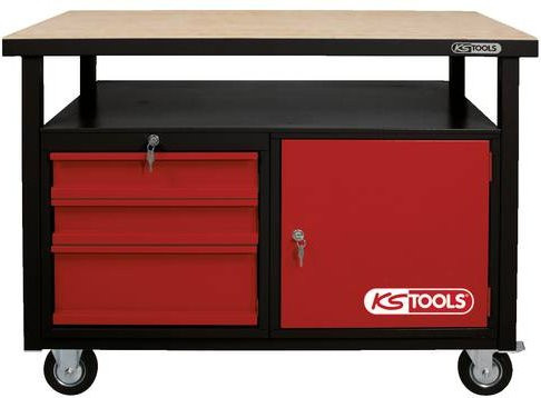KS Tools Fahrbare Werkbank mit 3 Schubladen und 1 Tür, Schwarz-Rot, B: 120 cm, H: 84 cm, T: 60 cm - Bild 1