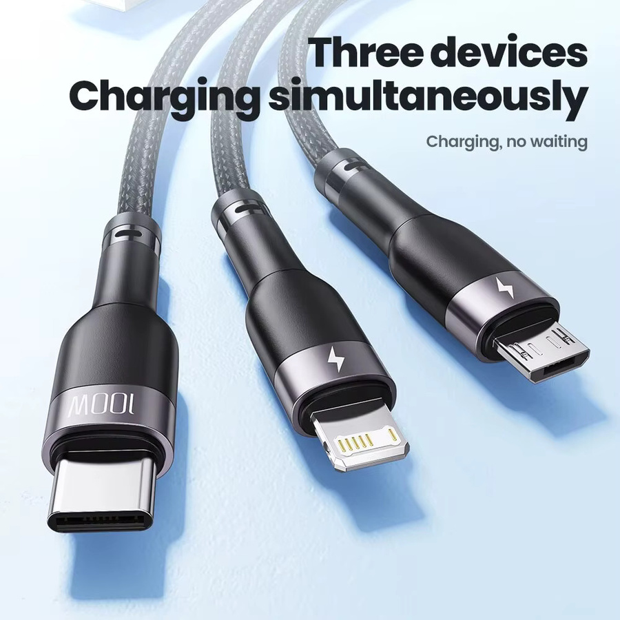 Toocki 3 in 1 USB Ladekabel mit 100W und 6A für USB-C und Micro-USB in Schwarz oder Grau - Bild 3