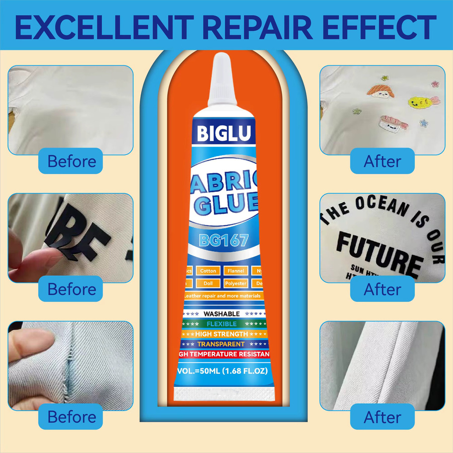 BIGLU Stoffkleber transparent, 50 ml, wasserfester Lederkleber und schnell trocknender Flickenkleber für vielseitige Anwendungen - Bild 5