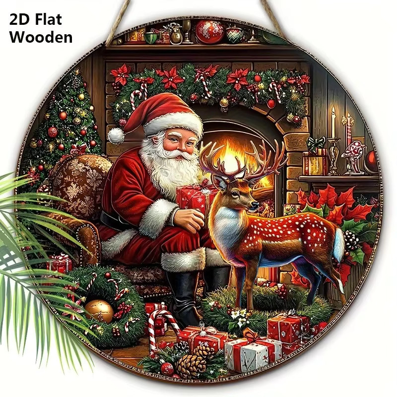 HELLOYOUNG Weihnachtsschild Santa Motiv als runder Wandbehang aus Holz, Mehrfarbig, Durchmesser: 20 cm - Bild 2