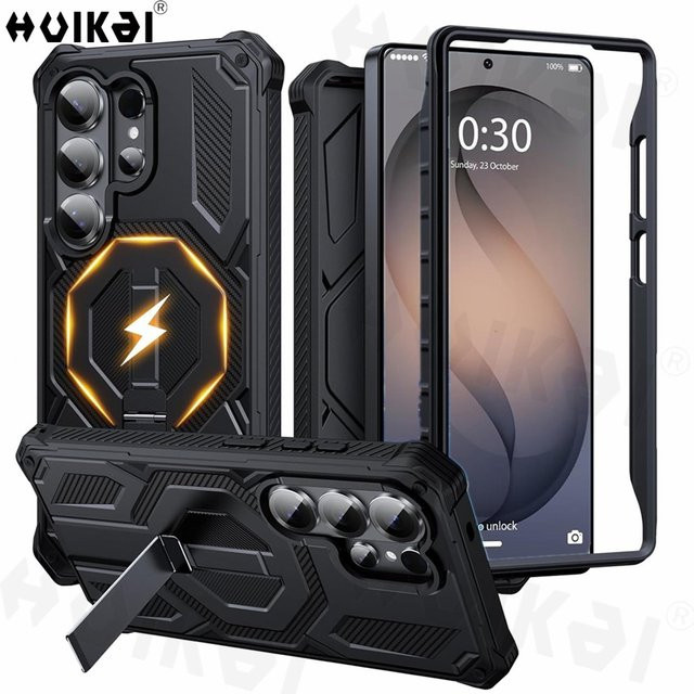 Magnetische Schutzhülle für Samsung Galaxy S26 Ultra, S25 und S24 mit militärischem Schutzgrad und Stoßdämpfung in Orange oder Schwarz - Bild 1