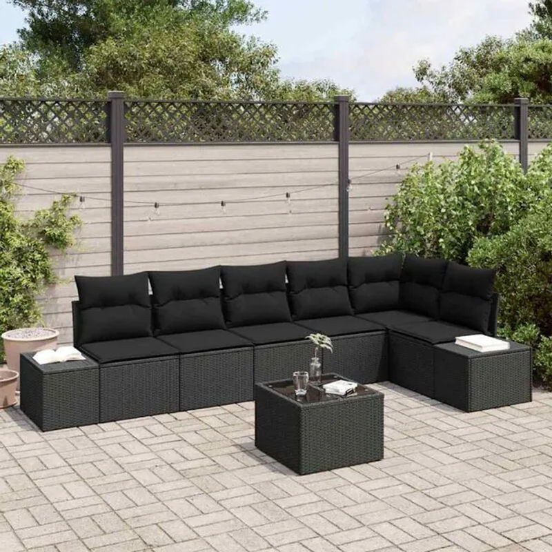 Vidaxl Garten-Sofa-Set aus Polyrattan mit 7 Kissen in Schwarz, modernes Loungemöbel-Set - Bild 1