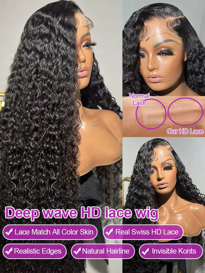 HJ WEAVE BEAUTY Deep Wave Lace Frontal Perücke, 300% Dichte, Damen - Bild 2
