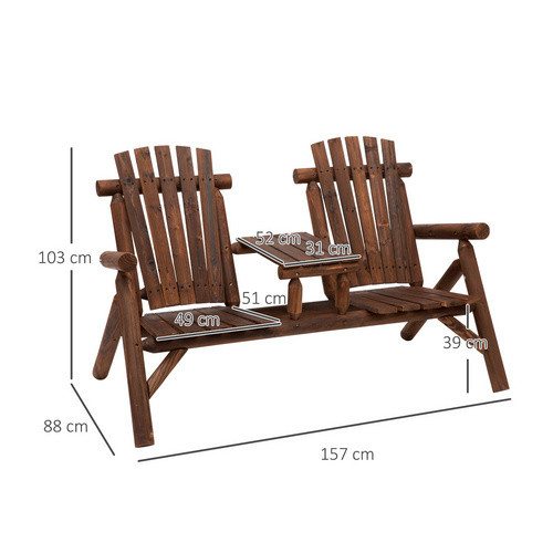 Outsunny Gartenbank für 2 Personen aus Massivholz mit Zwischentisch im Landhausstil, braun, B/H/T: 156 x 95 x 83 cm - Bild 5