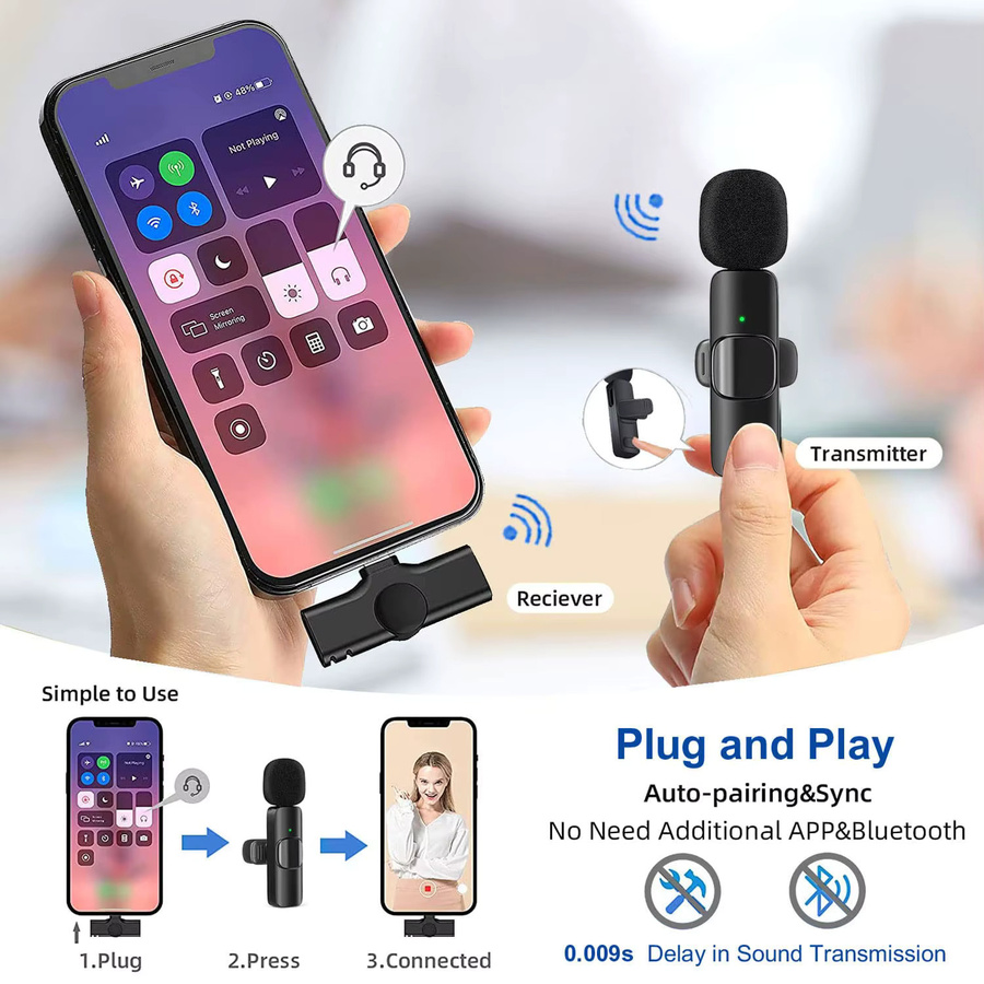 Basix Kabelloses Lavalier-Mikrofon mit Bluetooth und USB-C Anschluss für iPhone und Android, Schwarz - Bild 2