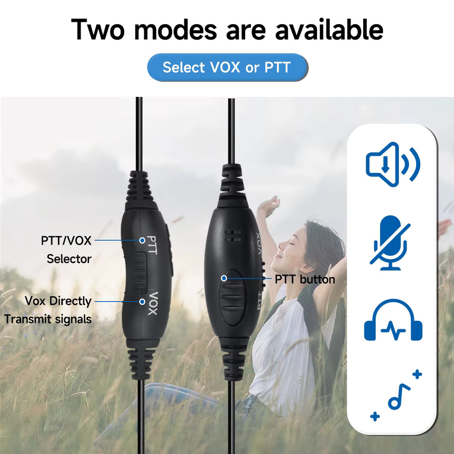 ABBREE 2Pin K Stecker Walkie Talkie Overhead Headset mit PTT/VOX Mikrofon in Schwarz für Baofeng UV-5R UV-21 UV-5RH BF-888S und Quansheng UV-K5 UVK6 - Bild 2