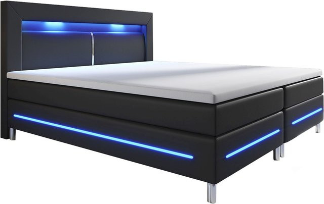 Juskys Boxspringbett Norfolk mit LED-Beleuchtung, Bonell-Matratzen und Topper, Farbe: schwarz, B/T: 140 x 200 cm - Bild 1