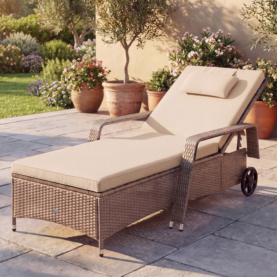 Casaria Polyrattan Gartenliege in Beige mit verstellbarer Kopfstütze und Rollen, B/T/H: 193 x 90 x 43 cm - Bild 2