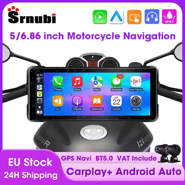 Srnubi Tragbares CarPlay Motorrad Navigation GPS Smart Player mit Android Auto, IP67 Wasserdicht, Monitor und DVR, Schwarz - Bild 1