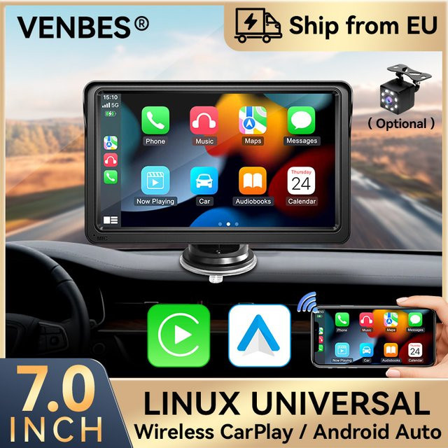 VENBES Tragbares Autoradio mit 7 Zoll Touchscreen, Carplay, Android Auto, Mirrorlink und Rückfahrkamera in Schwarz mit USB-C und AUX - Bild 1
