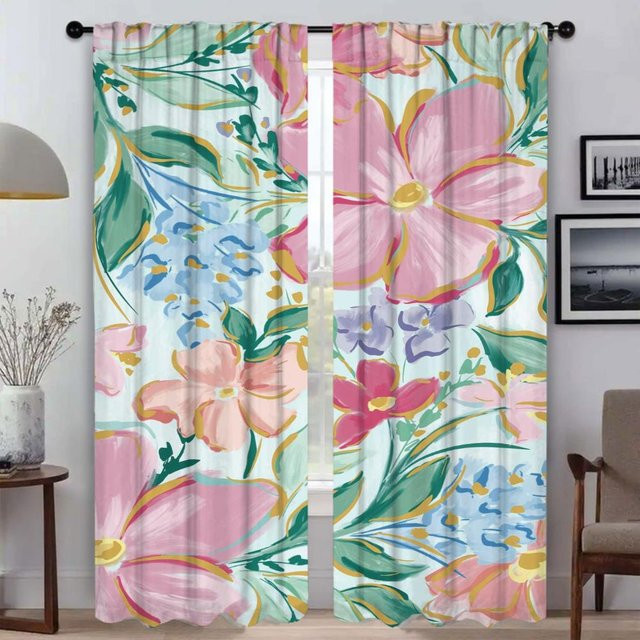 2er-Set Moskitonetz-Vorhänge mit floralem Design aus Tüll, halbtransparent, Mehrfarbig, Breite: 50 cm, Höhe: 70 cm - Bild 1