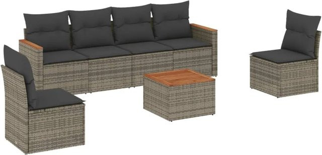 vidaXL 7-tlg Garten-Sofagarnitur aus Poly-Rattan und Akazienholz in Grau mit Kissen Modell 70 - Bild 1