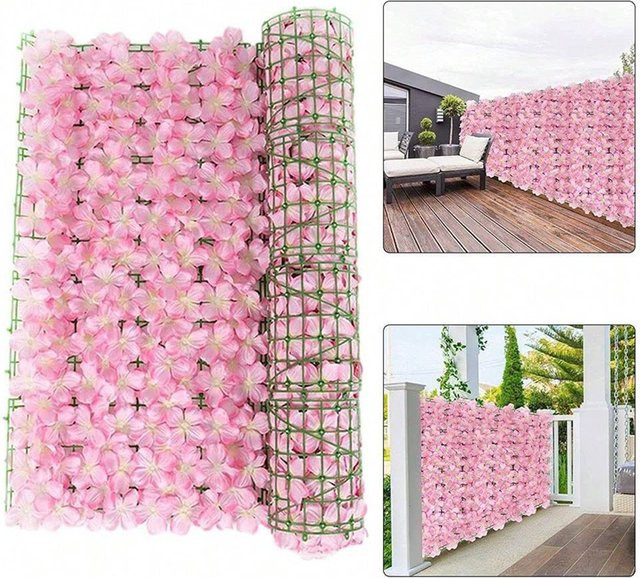 Erweiterbarer künstlicher Efeu-Zaun mit rosa Blumen als Sichtschutzzaun und Gartenwand aus Kunststoff - Bild 1