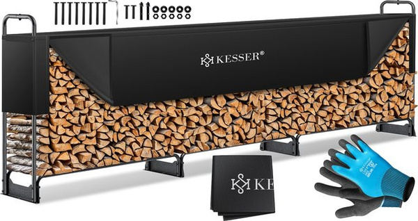 KESSER Kaminholzregal aus Metall in Schwarz mit Abdeckung und Handschuhen, Wasserdichter Kaminholzunterstand für Garten und Terrasse