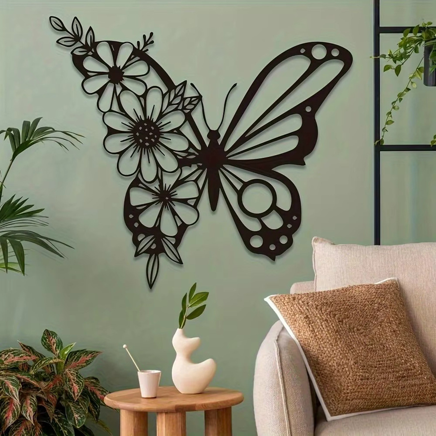 CIFBUY Art Deco Wandskulptur aus Metall mit Schmetterlingen und Blumen in Schwarz - Bild 3
