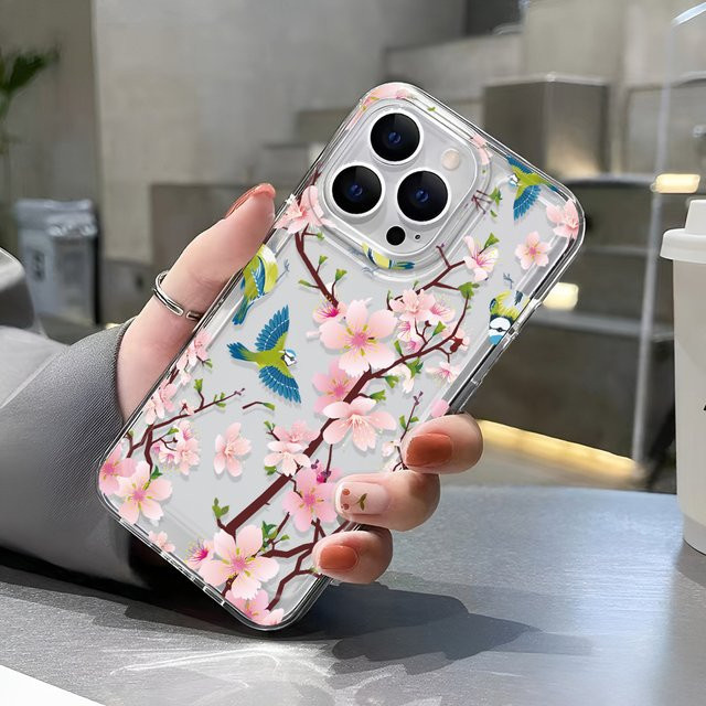 Transparente Handyhülle mit Vintage Kirschblüten- und Vogel-Print für iPhone 17 16 15 14 13 12 11 Pro Max aus TPU mit Anti-Sturz Schutz - Bild 1