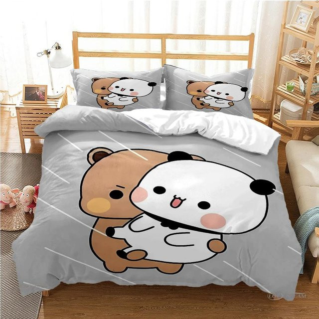 Bubu Dudu Bettwäsche-Set mit Cartoon-Bär und Panda von JMG Household Supplies, grau, B/H: 135 x 200 cm - Bild 1