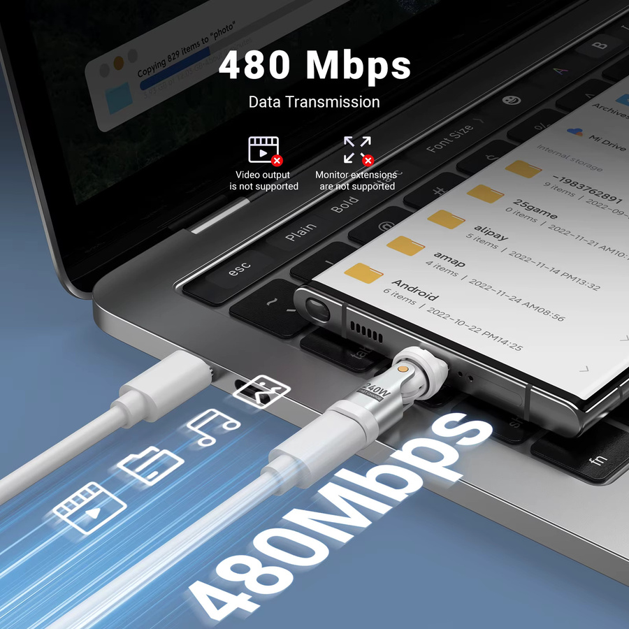 AUFU 240W USB-C zu Typ-C OTG-Adapter 540 Grad drehbar mit 5A Schnellladung als Stecker-zu-Buchse-Konverter für iPhone 16, MacBook und Samsung Laptop - Bild 3
