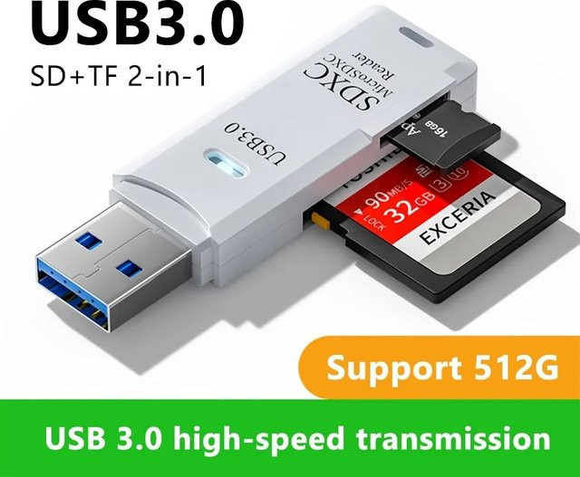 2-in-1 USB 3.0 Kartenleser für Micro TF und SD Karten in Weiß für PC, Laptop und MacBook - Bild 1