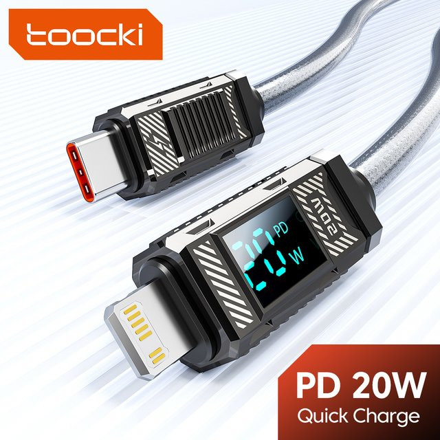 Toocki USB-C Schnellladekabel mit Digitalanzeige 20 W für iPhone, iPad und AirPods in Schwarz - Bild 1