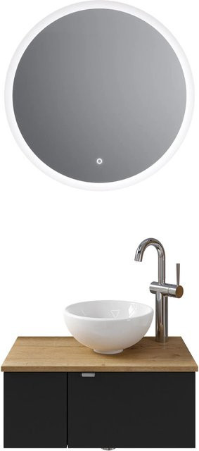 Pelipal Badmöbel-Set Serie 6915 Halifax Eiche und Schwarz Matt mit Keramik Aufsatzbecken, Waschtischunterschrank und Funktionsspiegel mit LED-Beleuchtung - Bild 1