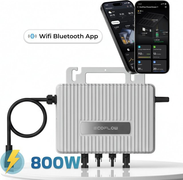 EcoFlow Mikro-Wechselrichter 800 W EFStreamMI800W für Balkonkraftwerk, IP67 wetterfest, 2 MPPT, Bluetooth & WIFI, Farbe: Silber - Bild 1