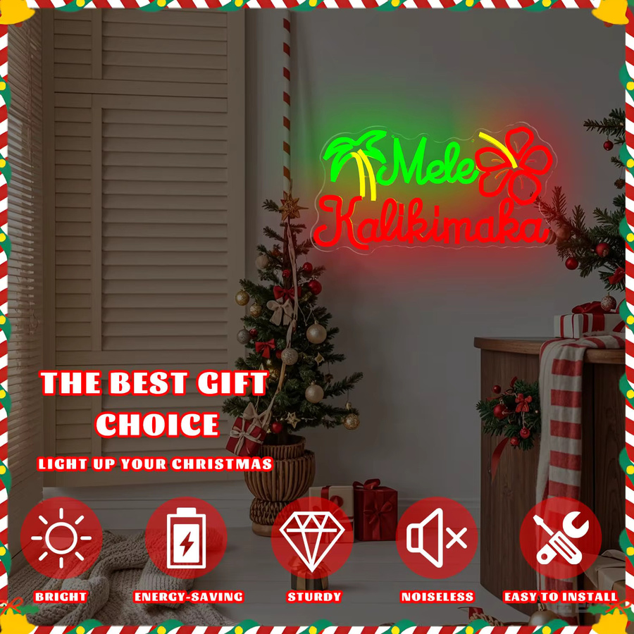 Mele Kalikimaka LED-Neonschild mit tropischen Palmen und Hibiskus, dimmbar, Mehrfarbig, Wanddekoration - Bild 2